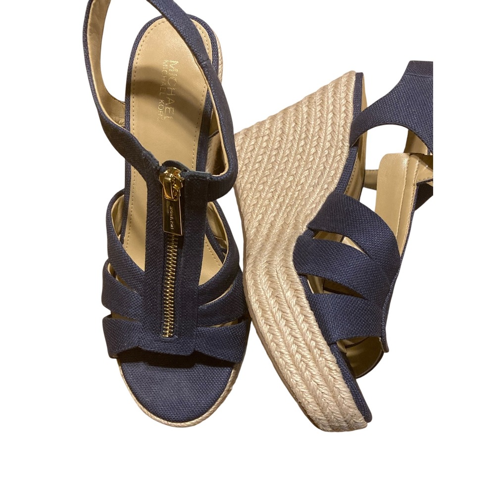 Michael Michael Kors Navy Blue Canvas Espadrille Wedge Sandals Gold Zip 7M